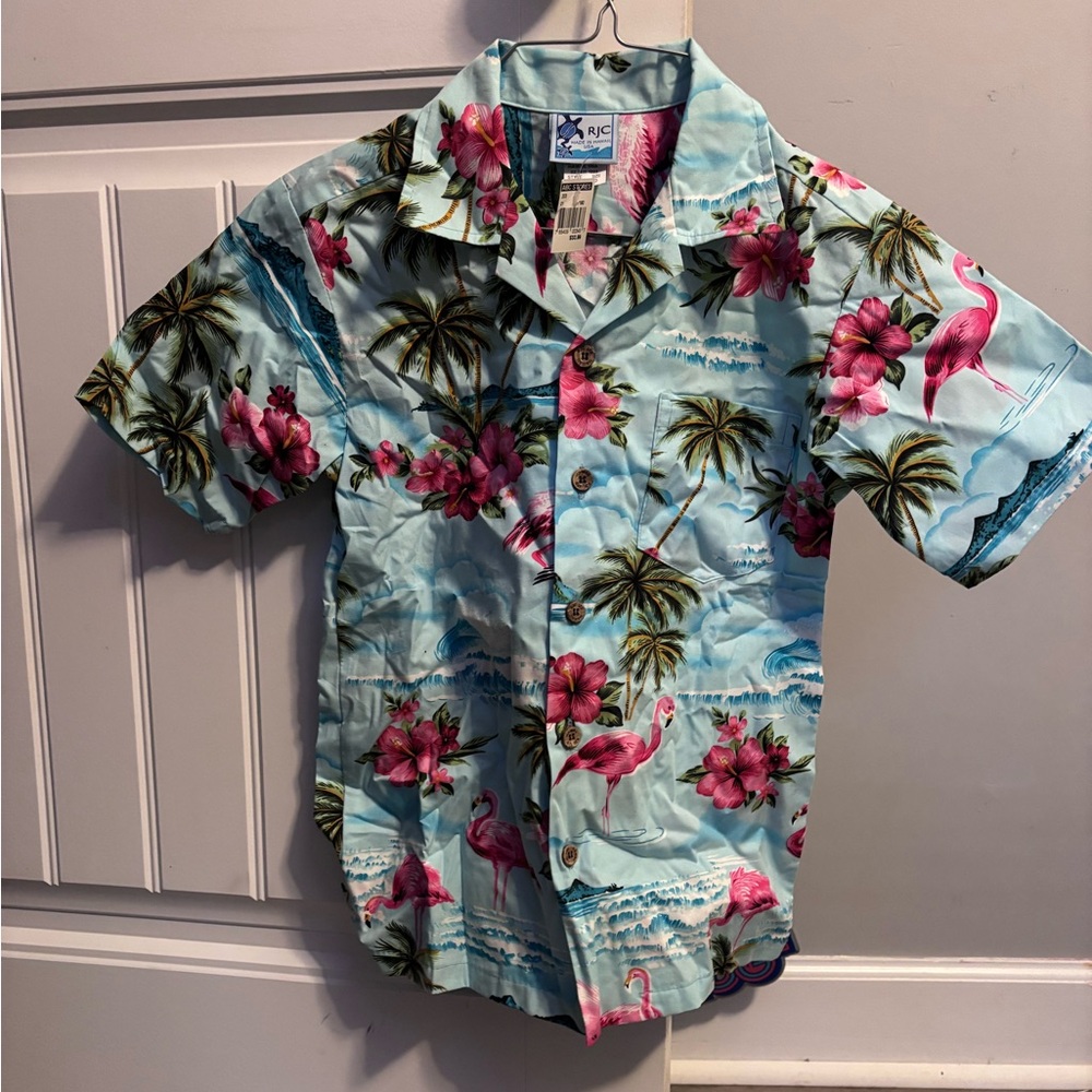 Tropical Kids Button Down Shirt - Blue and Pink